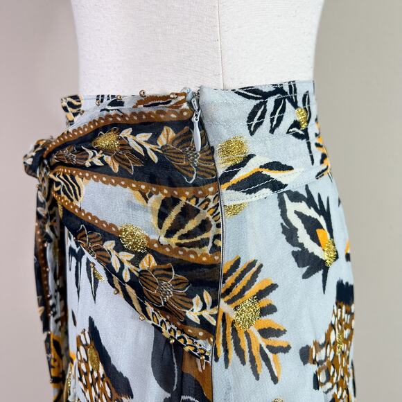Farm Rio | Tapestry Blue Black Gold Tie Waist Ruffle Designer Mini Skirt XS - Picture 9 of 11